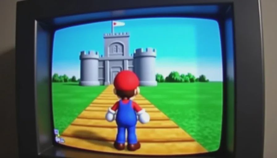 A CRT screen showing Super Mario 64's Castle Grounds with its early 3D camera angle, blocky textures, and Mario standing near a bridge in bright sunlight.