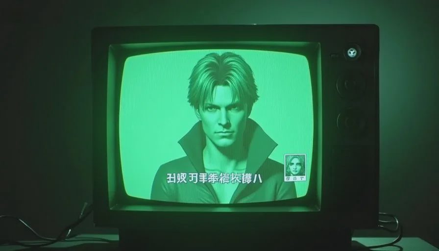 A close-up of the Metal Gear Solid codec call screen on a CRT, showing Otacon's face and a line of dialogue at the bottom.