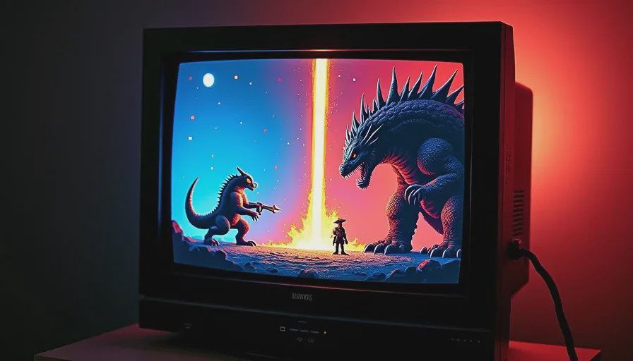 A CRT screen showing a classic 2D boss fight with a huge creature on the left, a small hero on the right, and a bright energy attack crossing the screen.