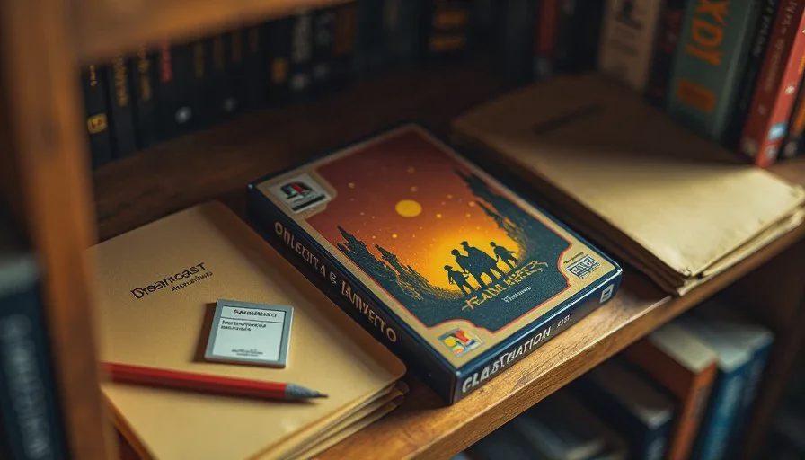 A close-up of a shelf with old game cases and cartridges, one case lying flat with the cover facing up, next to a small stack of handwritten notebooks and a pencil.
