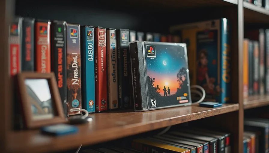 The private canon — games we keep without recommending A wooden shelf with a row of old game cases, one case pulled out and facing forward, showing a well-worn cover from a classic PS1 RPG next to a small framed photo.