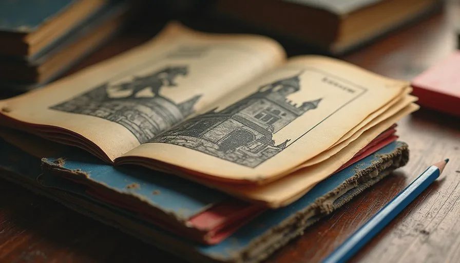 A close-up of stacked retro game manuals with worn edges and faded covers, one showing a character illustration page with dog-eared corners.