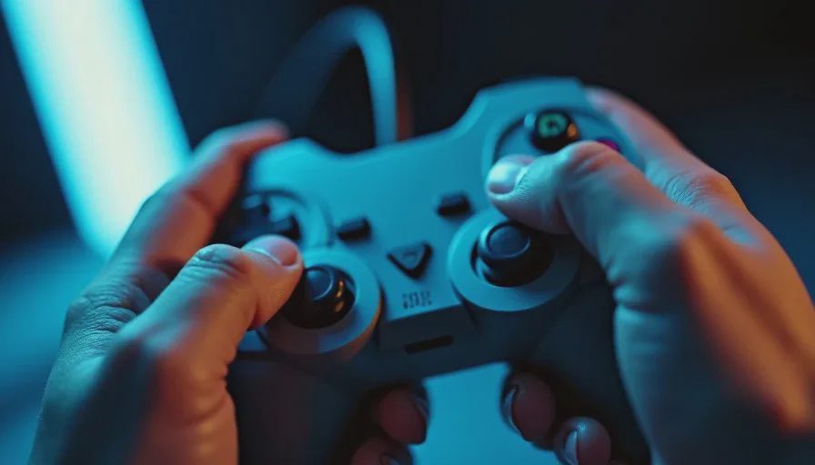 Close-up of adult hands gripping a retro controller tightly, thumbs on the D-pad and face buttons, lit by the blue glow of a CRT screen in the dark.