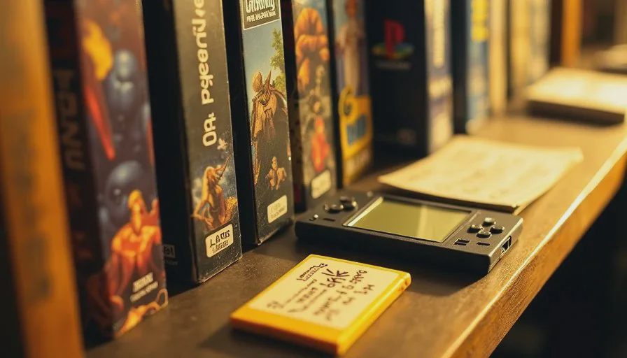 A closer view of JRPG game cases on a shelf, with one case pulled out and resting on top of the others, showing a worn PlayStation save memory card.