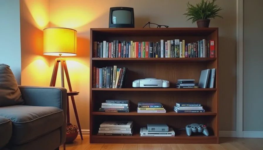 A wooden shelf filled with retro game cartridges, console boxes, and a small stack of notebooks, lit by warm lamp light in a home office corner.