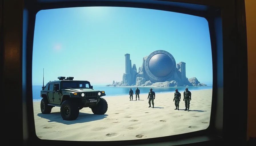The Silent Cartographer — the circular level that understood space A CRT screen showing the Silent Cartographer level in Halo, with a beach landing, a Warthog on the sand, and the island structure rising ahead in bright daylight.