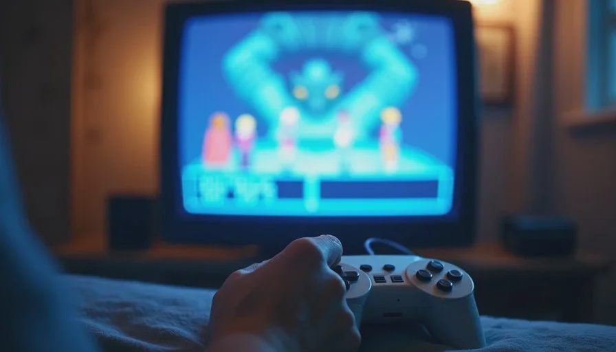 The games we return to alone — favorites, not necessarily recommendations A CRT screen showing a classic JRPG game in battle with low-poly characters and a blue menu, while an adult hand holds a controller in the foreground in dim light.