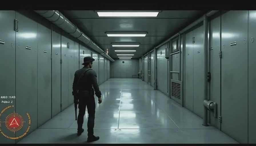 A low-poly hallway in Metal Gear Solid on PS1, with a guard patroling near a security camera and a sensor cone visible on the radar.