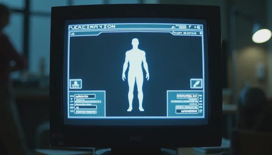 A close-up of the Deus Ex augmentation interface on a CRT, showing a human figure with icons for arms, legs, eyes, and a subdermal slot highlighted.