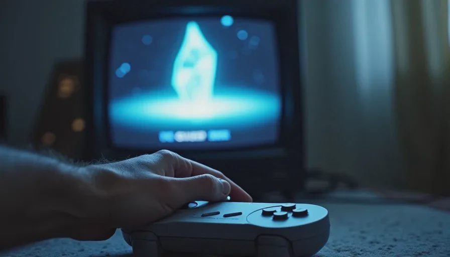 A close-up of a CRT screen showing a save point interface with a soft glow, while an adult hand rests on a controller in the foreground.