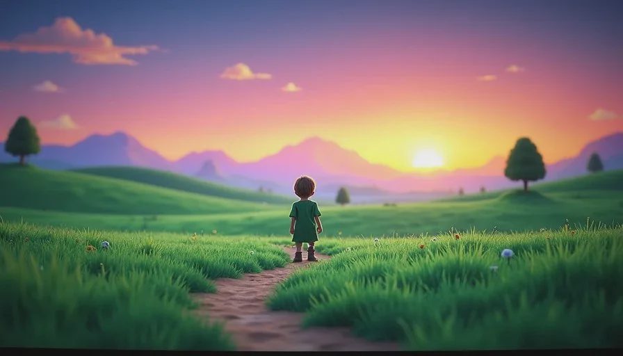A CRT screen showing a vast empty green field from a classic 3D adventure game, with a lone character standing small against the wide horizon at dusk.