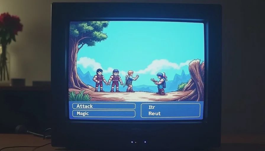 The random encounter rhythm that tests adult patience A close-up of a PS1-era RPG battle screen on a CRT, showing low-poly characters, a monster, and a command menu with Attack and Magic options.