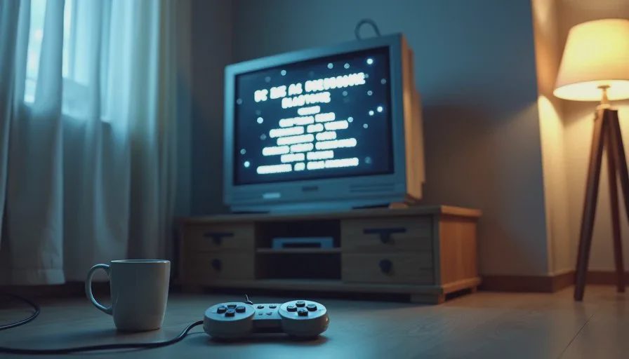 A CRT TV showing the ending credits of a classic JRPG, with white text scrolling over a starry sky and a controller resting on the floor in the foreground.