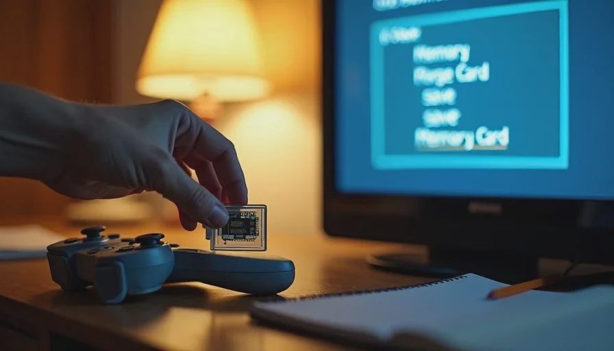 The save point ritual — a promise the player made to the game A clear plastic PS1 memory card next to an old CRT screen showing a save point menu with three empty slots and a hand reaching for the controller.