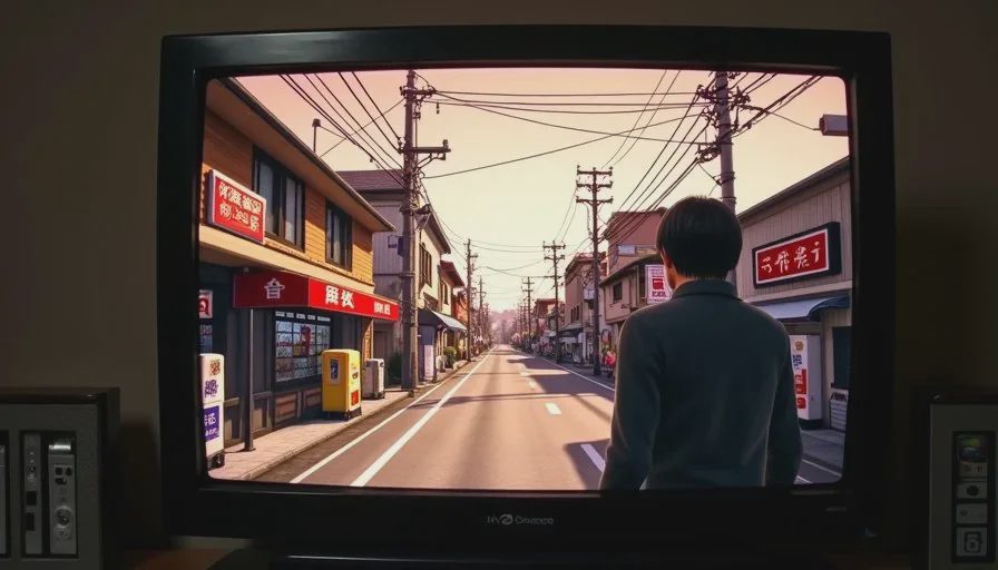 Dobuita afternoon — the world still feels alive, even when nothing happens A CRT screen showing Dobuita street in Shenmue during late afternoon, with shop signs, telephone poles, and Ryo walking past a vending machine in warm slanted light.