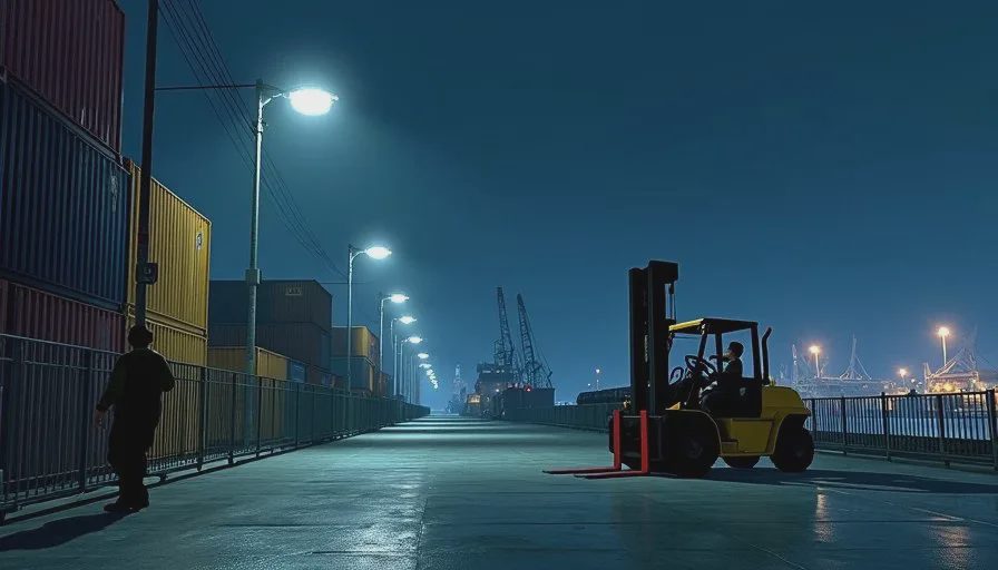 The harbor shift — routine and waiting become the game A CRT screen showing the harbor at night in Shenmue, with a forklift moving crates under floodlights and Ryo standing near a warehouse, in cool blue tones.