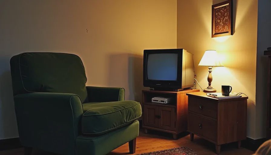 A quiet basement corner with an armchair facing a small CRT, a PS1 and Dreamcast on a wooden stand, and a warm lamp glowing next to a notebook and coffee mug.