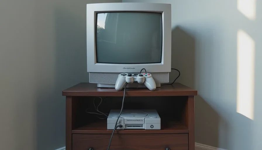 Close-up of a CRT TV on a wooden stand with one console beneath it and a single controller resting on top, showing a simple, functional retro gaming setup.
