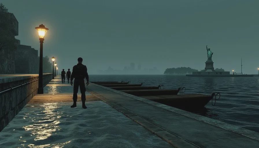 A screenshot from the Liberty Island opening level of Deus Ex, showing the dock at night with low-poly geometry, a guard patrol, and a distant statue.
