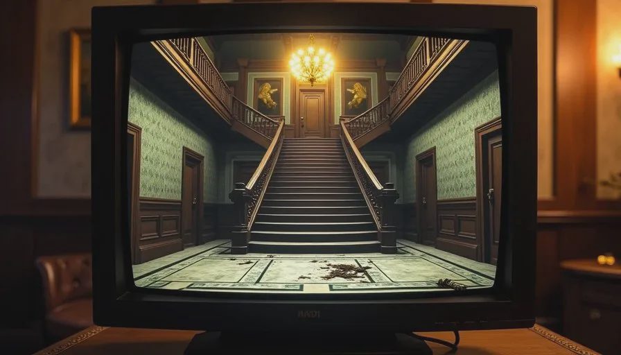 A CRT screen showing the Spencer Mansion main hall in the Resident Evil remake, with warm interior light on wooden stairs, a chandelier, and rich pre-rendered detail.