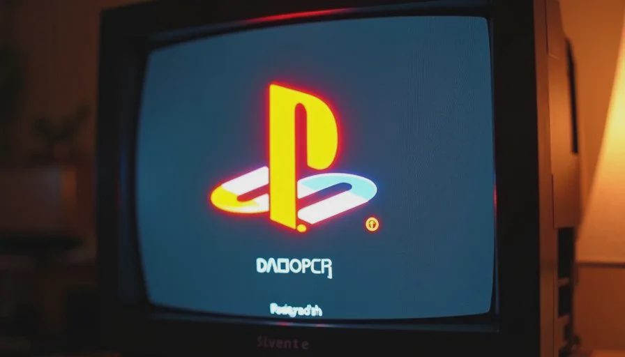 Close-up of a CRT screen showing the original PlayStation boot screen with the orange diamond logo on black, scanlines visible across the glass.