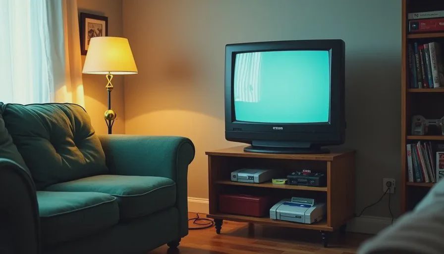 A cozy basement corner with a small CRT on a wooden stand, a PlayStation and SNES beneath, and a worn armchair facing the screen.