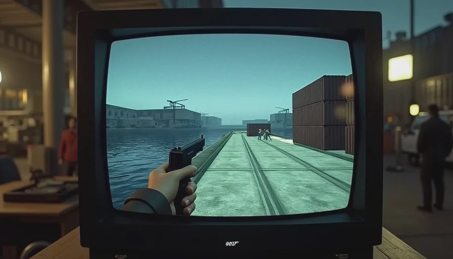 The GoldenEye dock level — slower and blurrier than memory insists A CRT screen showing the GoldenEye 007 dock level on N64, with low-resolution textures, flat lighting, and a guard in the distance near shipping containers.