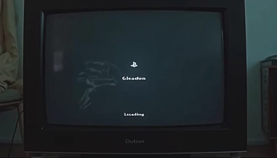 A PS1 game loading screen on a CRT showing a black background with a small progress symbol and the reflection of a controller on the glass surface.