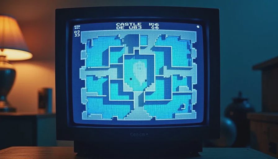 The castle map — Symphony of the Night's greatest design statement A close-up of the Symphony of the Night castle map screen on a CRT, showing the filled-in corridors in blue and unexplored areas in dark gray.
