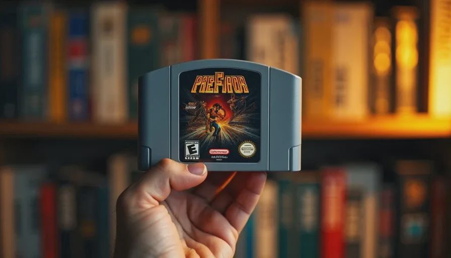 A close-up of an N64 cartridge held in an adult hand, with the label showing a famous game title and visible wear on the plastic edges, lit by warm lamp light.