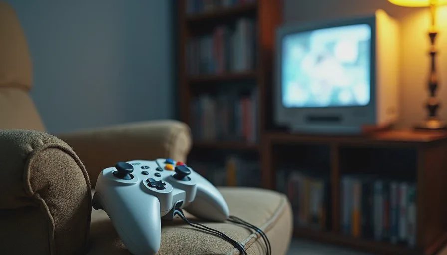 A white Dreamcast controller resting on an old armchair, with a Dreamcast console on a shelf in the background and a CRT TV turned off, all in warm dim light.