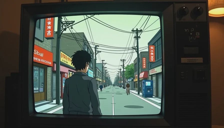 Dobuita Street — immersive, atmospheric, and extremely slow A CRT screen showing the Dobuita street in Shenmue on Dreamcast, with shops, telephone poles, and Ryo walking at a deliberately slow pace in muted light.