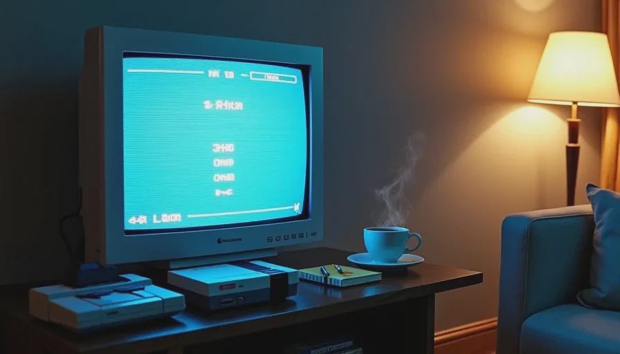  A late-night living room scene with a CRT TV glowing in the dark, a cup of coffee on a wooden table, and a retro game console beneath the television.