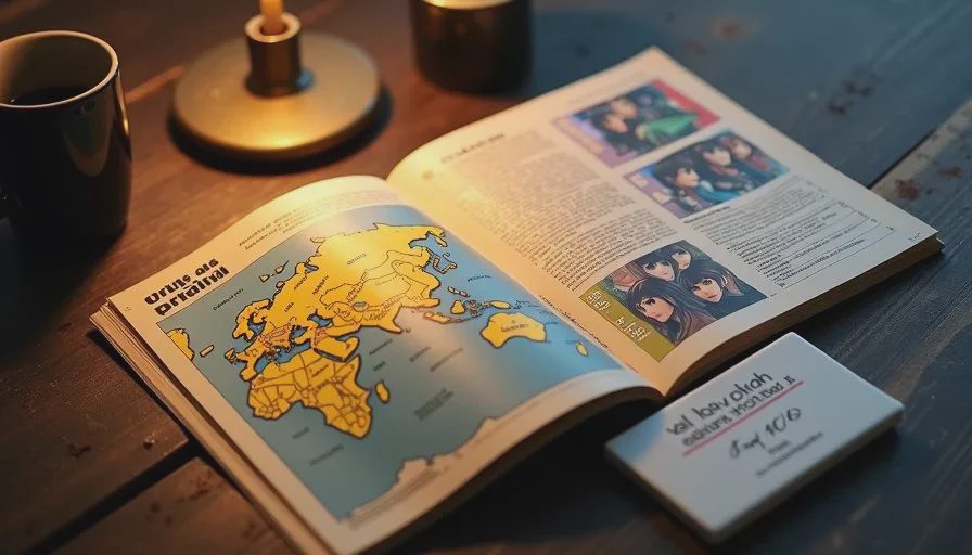 An open Final Fantasy VII manual on a desk with character portraits and a world map page visible, next to a PS1 memory card and a cup of coffee.