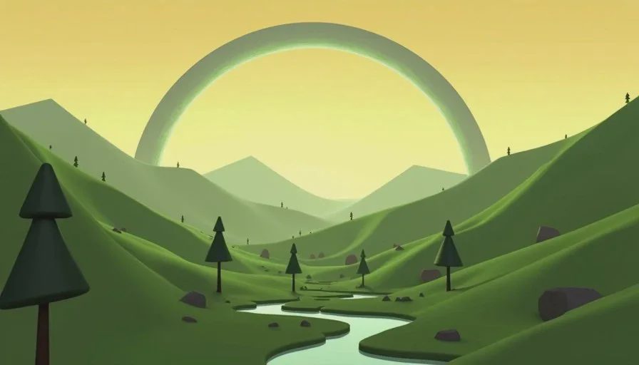 The quiet valley — Halo's lesson in silence and scale A CRT screen showing a quiet valley in Halo Combat Evolved, with green hills, scattered trees, and the ring stretching across the sky in soft evening light.