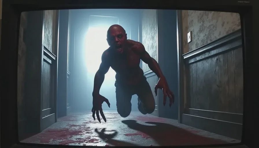 A CRT screen showing a close-up of a Crimson Head zombie rising in a dark hallway, with red skin, clawed hands, and dramatic low-key lighting.