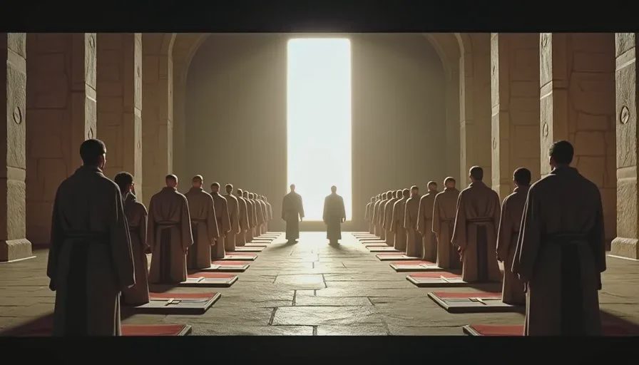 A CRT screen showing the Dantooine Jedi Enclave training room in KOTOR, with stone columns, meditation mats, and several Jedi NPCs in robes standing in rows.