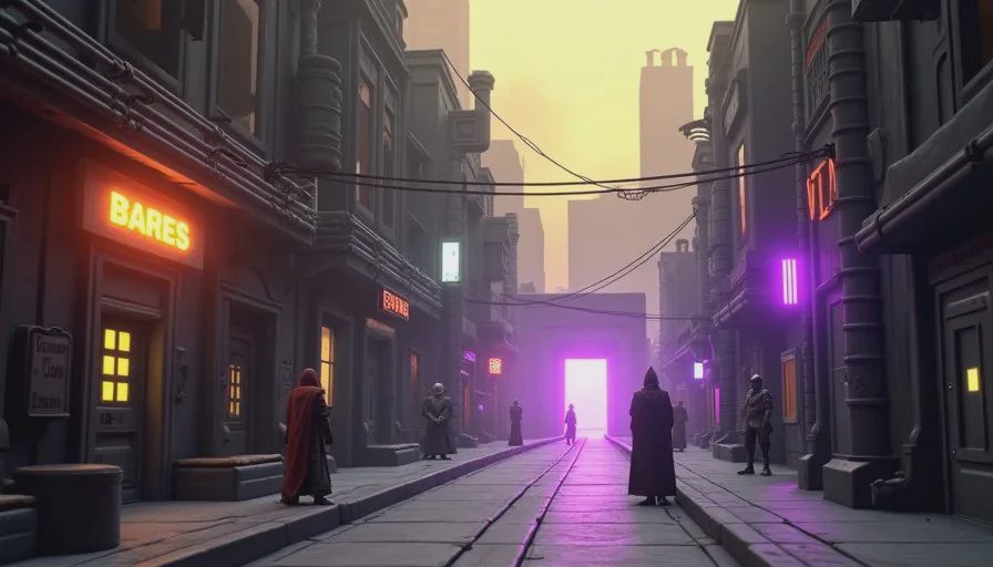 A CRT screen showing the Lower City of Taris in Knights of the Old Republic, with neon signs, smog, and several low-poly NPCs standing near a cantina entrance.