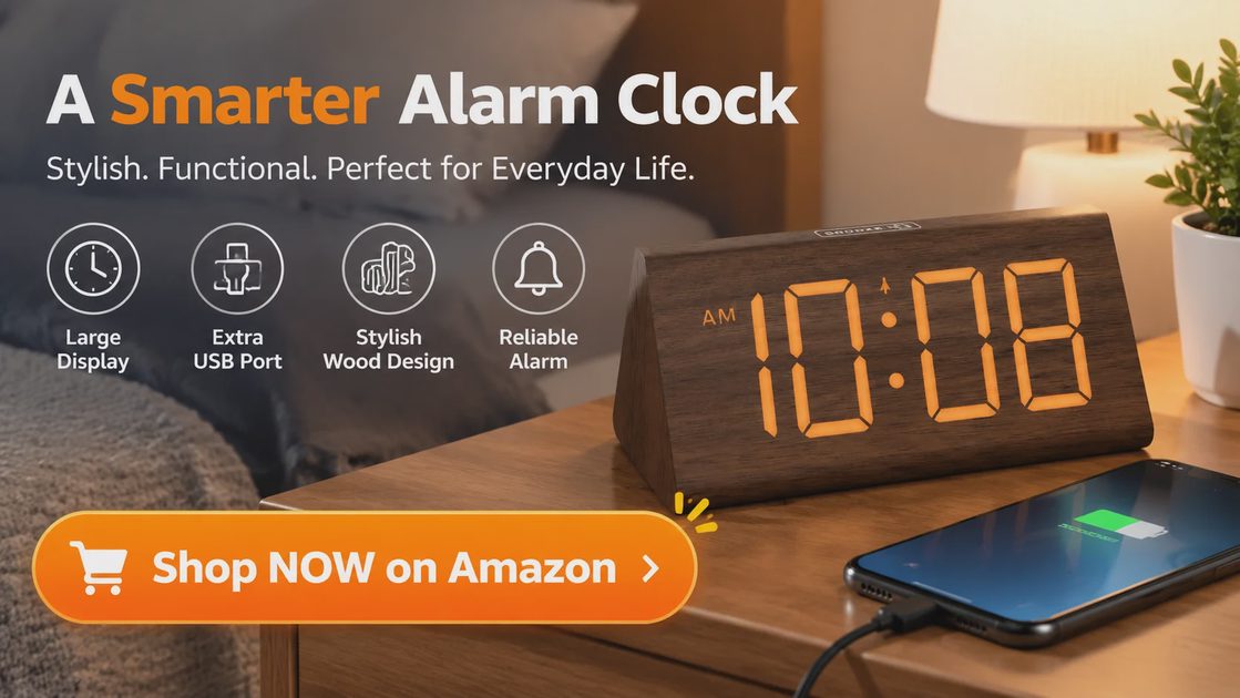 DreamSky wooden alarm clock charging a phone, large display and USB port