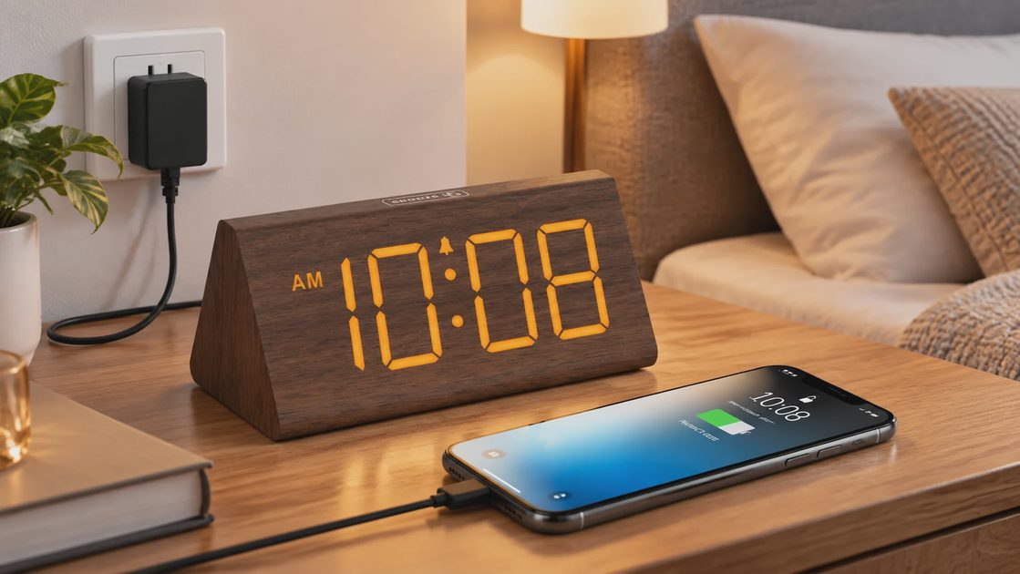 DreamSky wooden alarm clock on a warm bedside table charging a phone