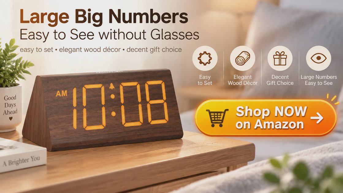 DreamSky wooden alarm clock with large amber numbers on a nightstand