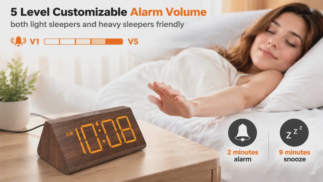 Five alarm volume levels, 2-minute alarm and 9-minute snooze