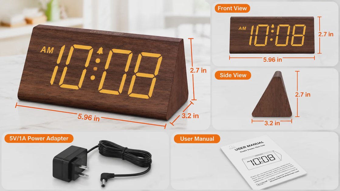 DreamSky wooden alarm clock dimensions 5.96 x 3.2 x 2.7 in with adapter and manual
