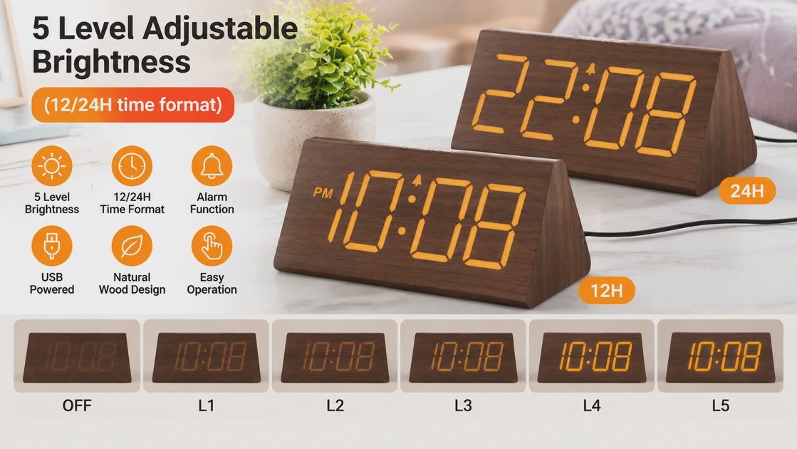 Five adjustable brightness levels and 12/24H format on the DreamSky alarm clock